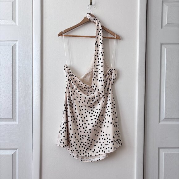 MESHKI Joan Satin Asymmetrical Polka Dot Mini Dress - Picture 8 of 9